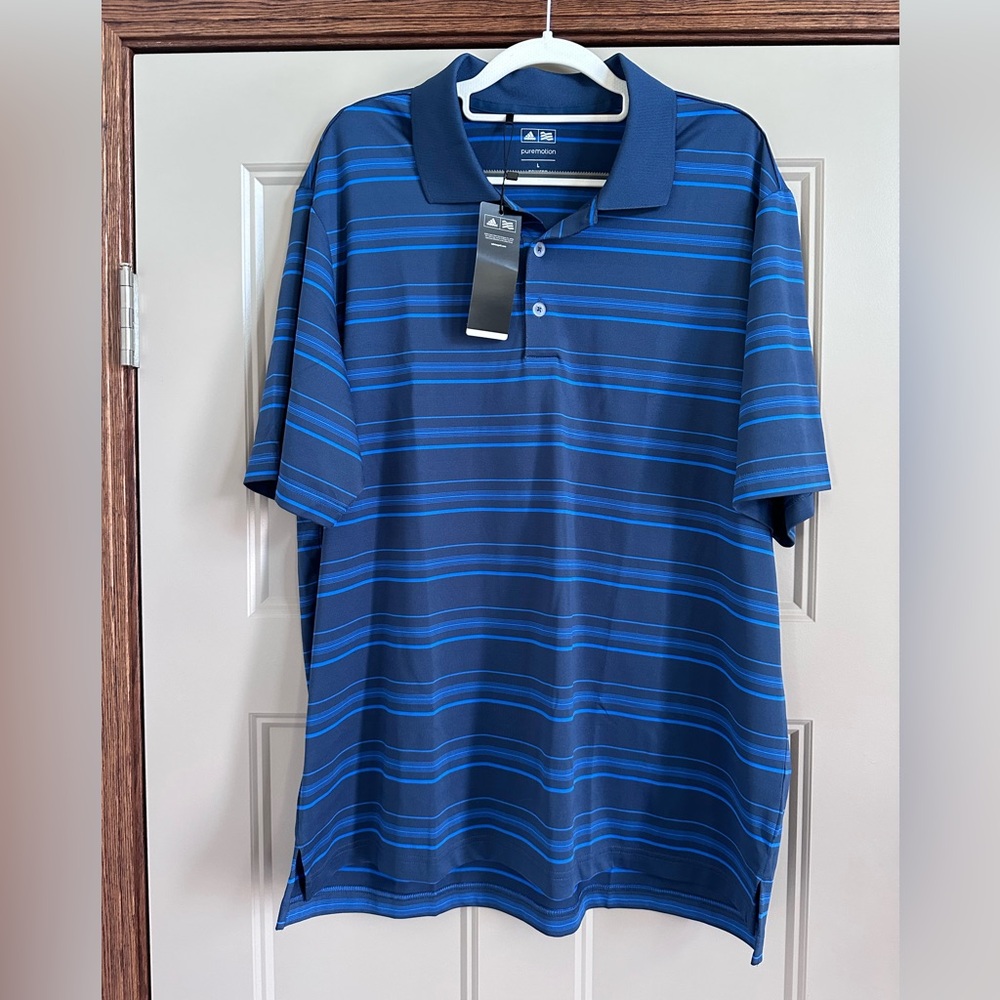 NWT Adidas Blue Performance Polo Shirt with Stripes Puremotion Short Sleeve Golf